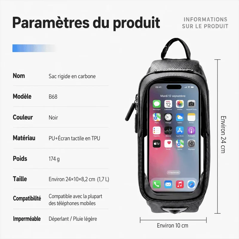 Sacoche cadre vélo téléphone rigide 1,7 L