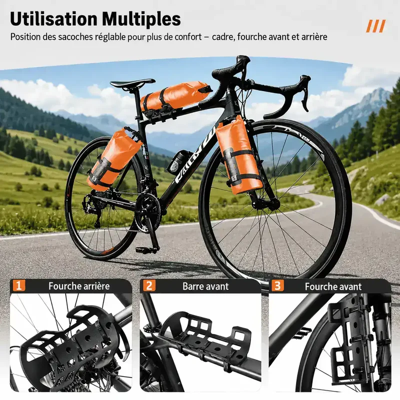 Sacoche de Fourche Vélo Bikepacking Étanche 2x5L