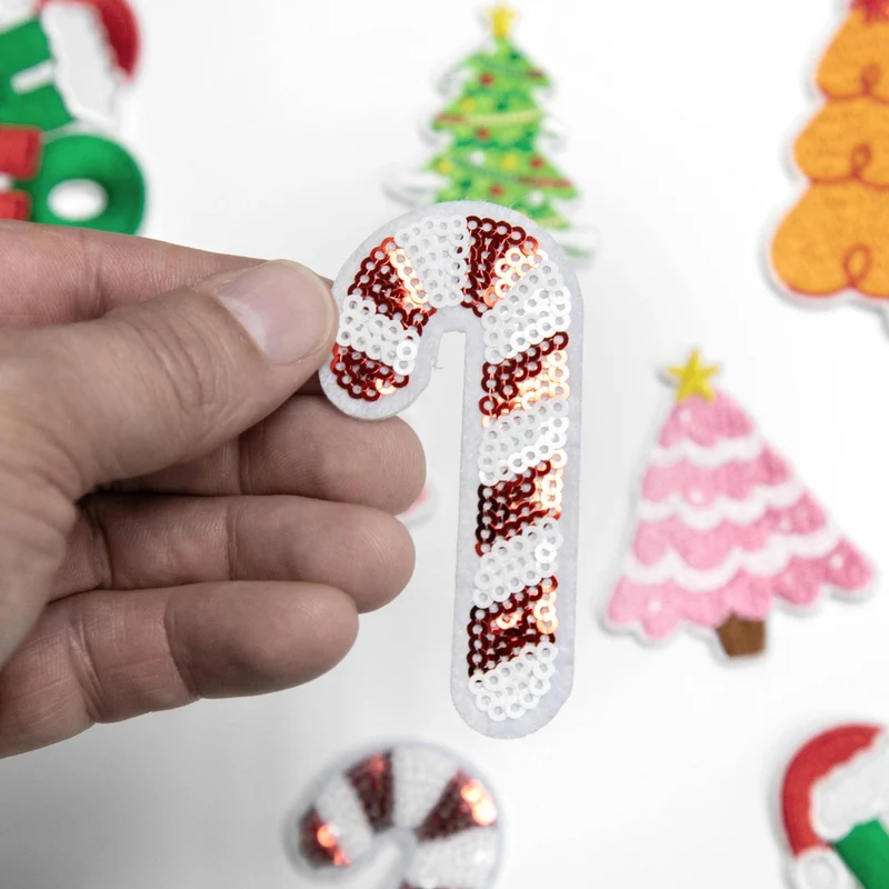 Écusson canne de Noël à paillettes brodé | Thermocollant