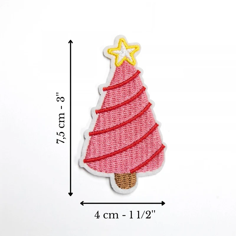 Écusson sapin de Noël rose et rouge brodé | Thermocollant