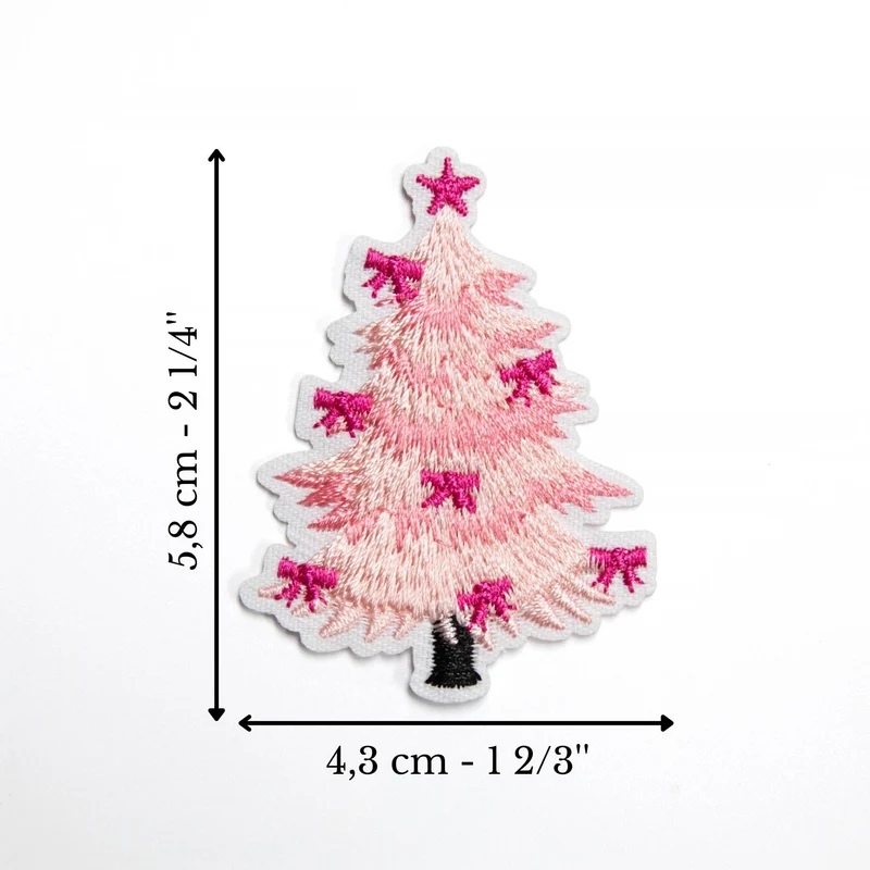 Écusson sapin de Noël rose avec boucles brodé | Thermocollant