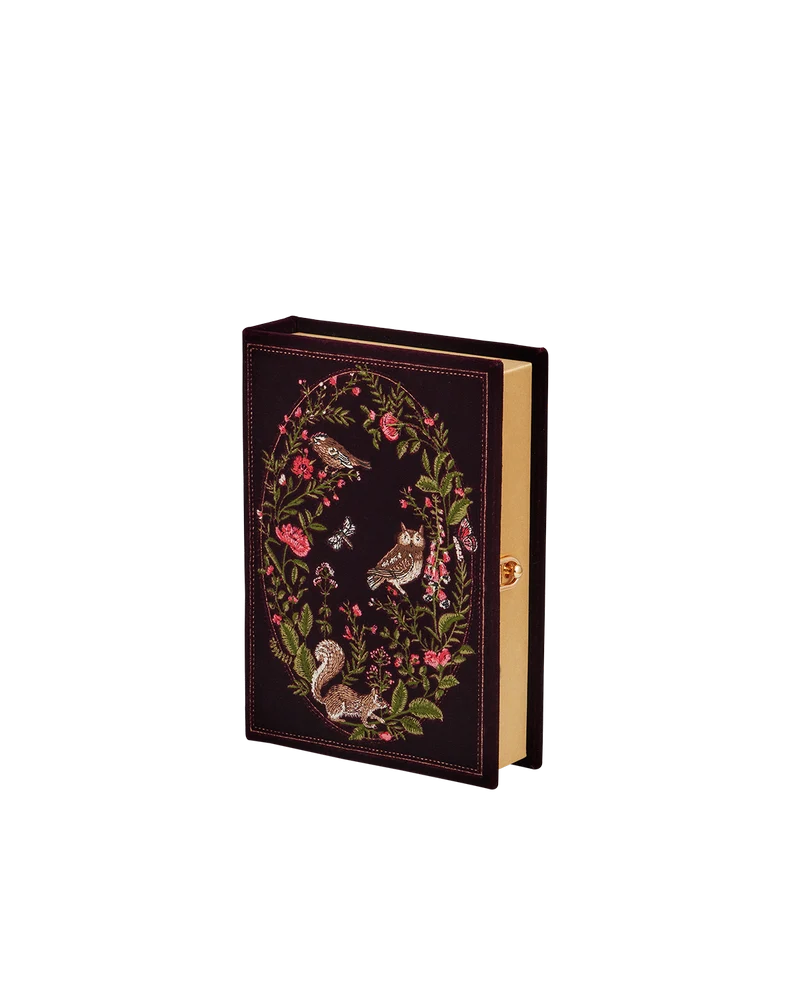 Elinor Meadow Embroidered Book Clutch in Burgundy Velvet