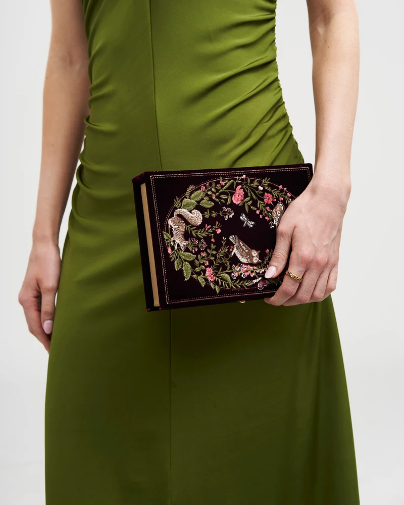 Elinor Meadow Embroidered Book Clutch in Burgundy Velvet