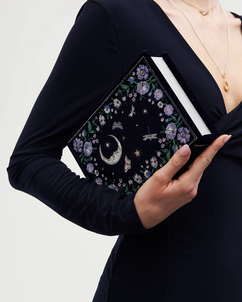 Marianne Midnight Garden Embroidered Book Clutch in Navy Velvet