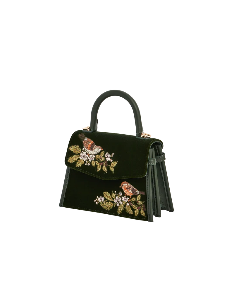 Eliza Wren Embroidered Top handle bag in Green Velvet