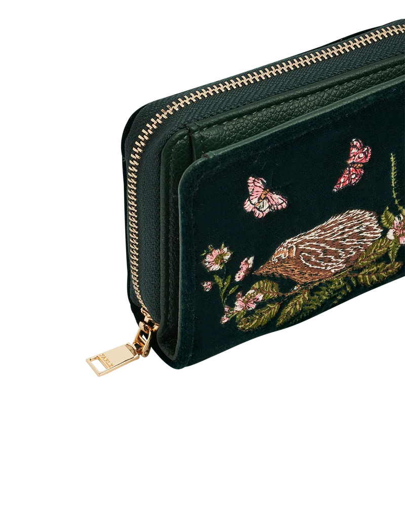 Hedgehog Embroidered Small Purse in Forest Green Velvet