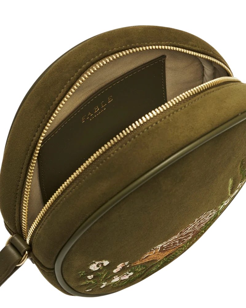 Chloe Hedgehog Embroidered Faux Suede Circle Bag in Khaki