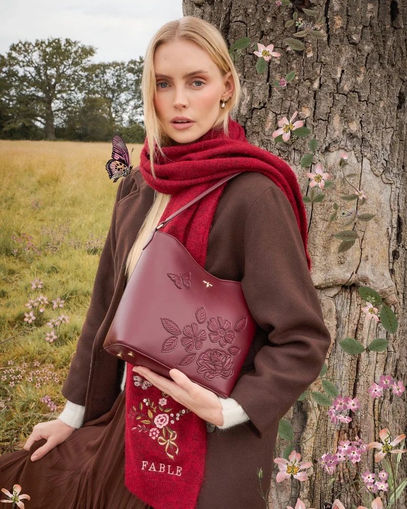 Floral and Butterfly Applique Bucket Bag in Burgundy