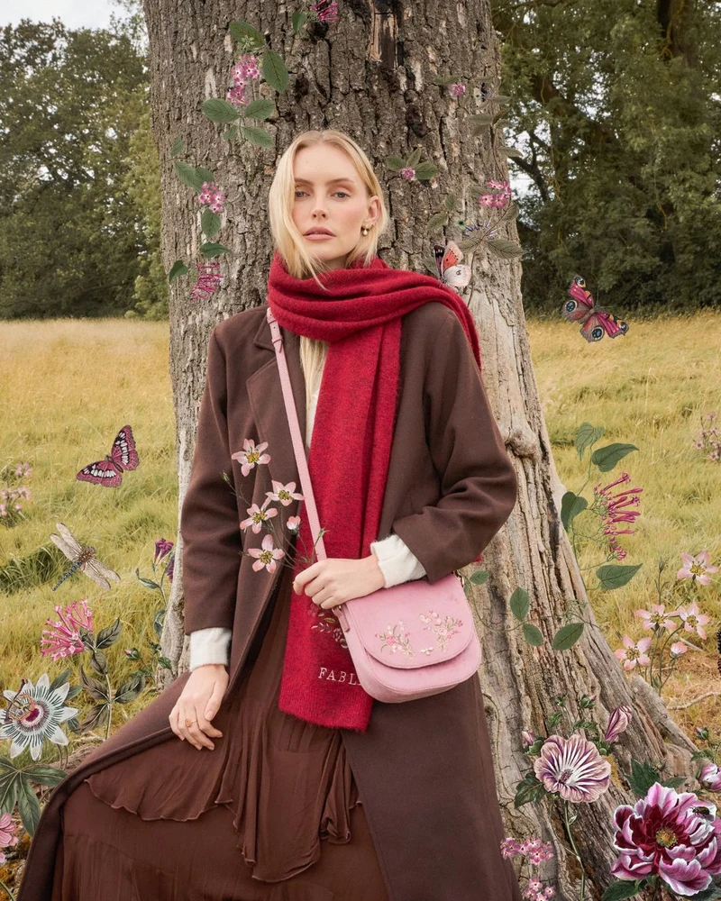 Beth Floral Posy Embroidered Saddle Bag in Rose Pink Velvet