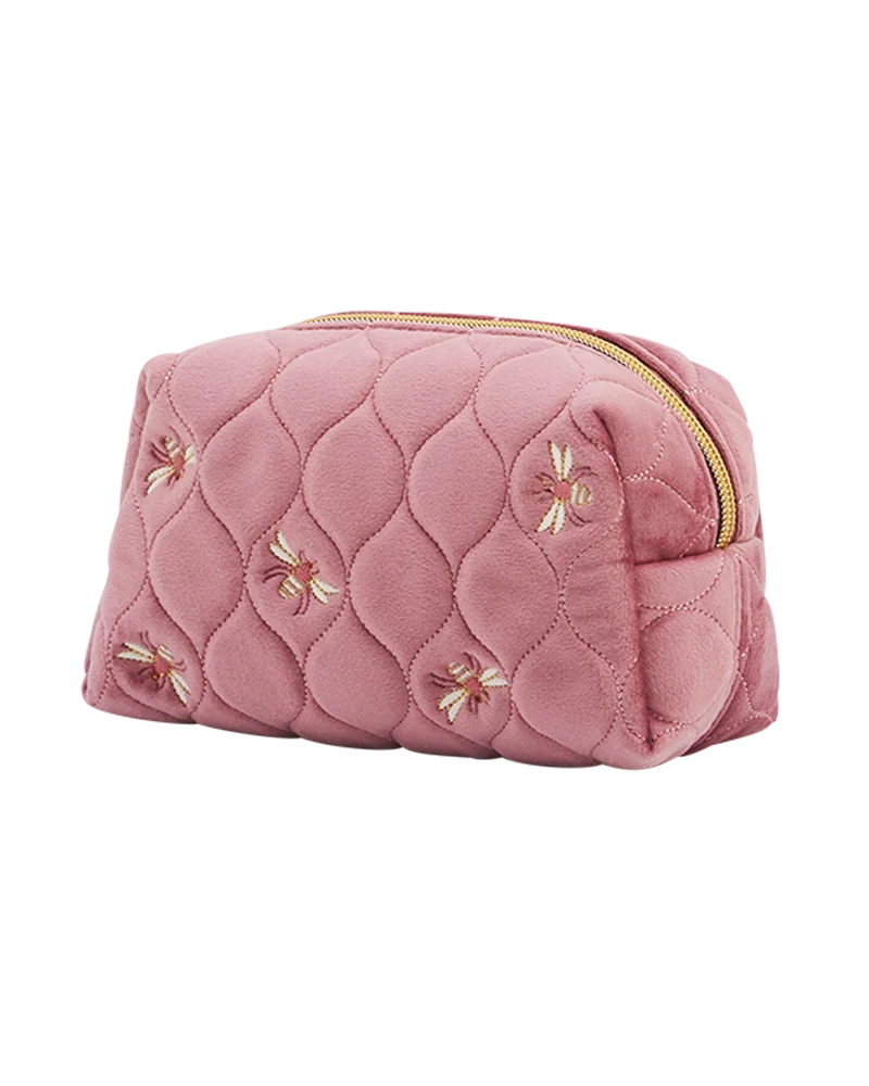 Quilted Bee Embroidered Pouch in Rose Pink Velvet