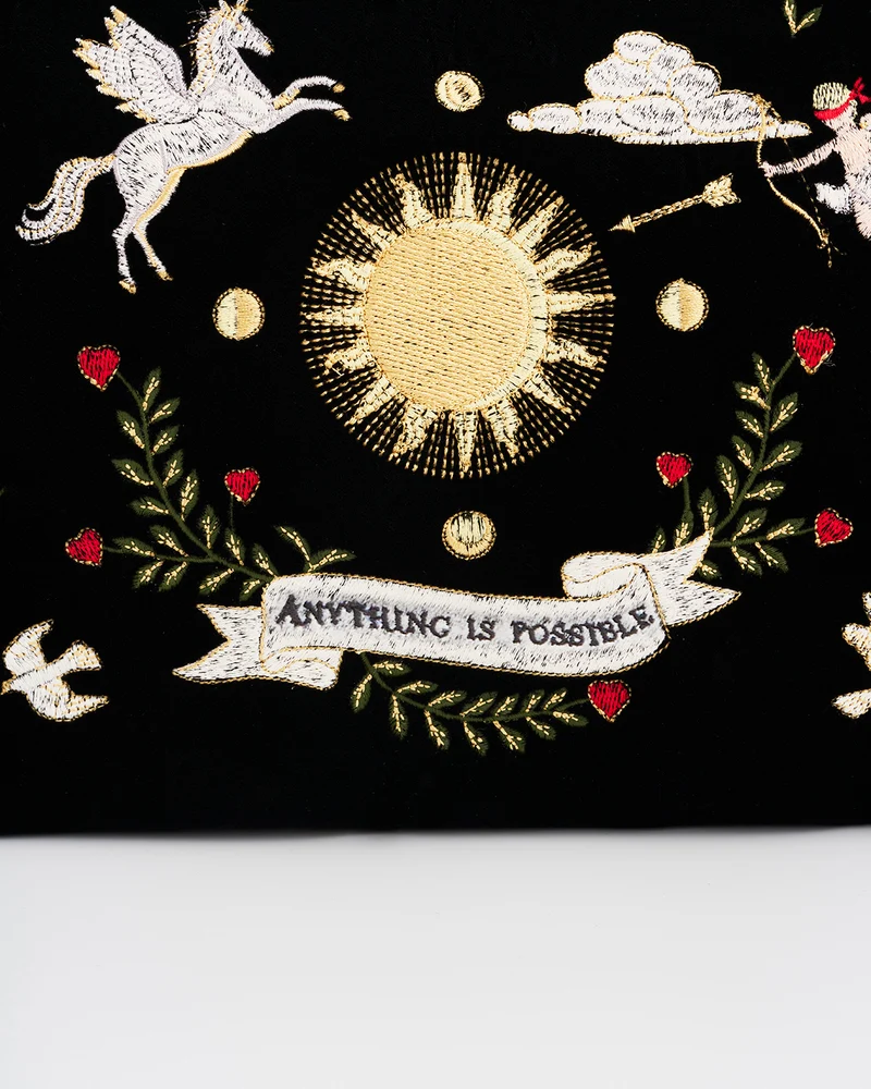 Black Celestial Velvet Embroidered Pouch