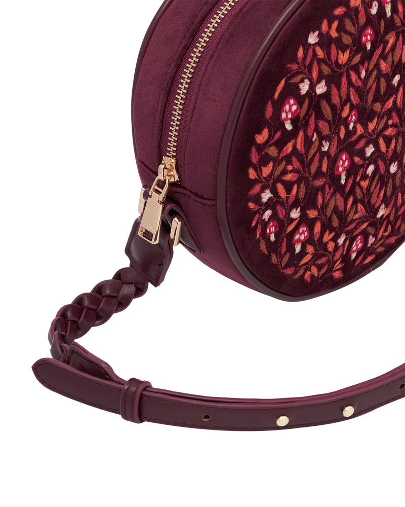 Magical Mushroom Embroidered Burgundy Velvet Circle Bag