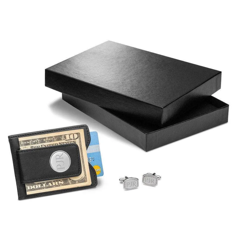 Black Leather Wallet and Beaded Rectangular Cufflinks Personalized Set