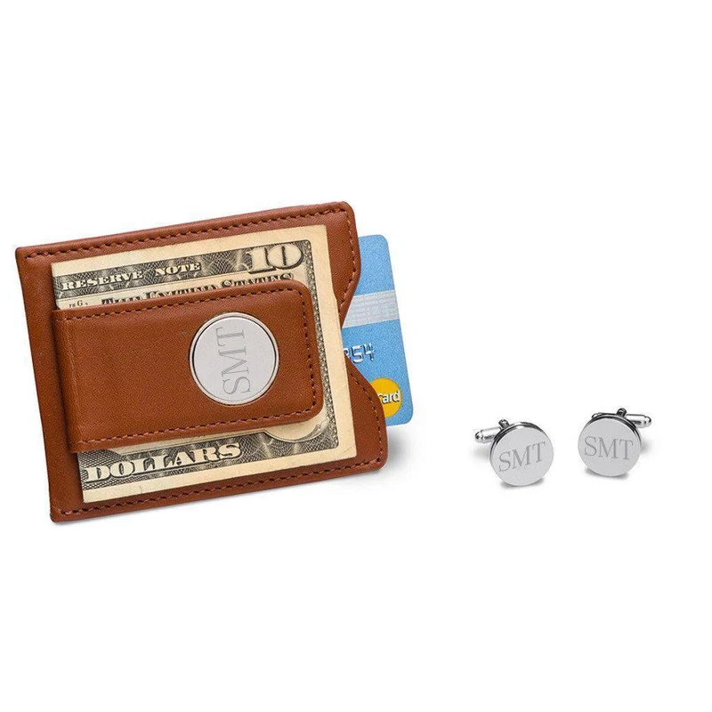 Brown Leather Wallet and Pin Stripe Cufflinks Personalized Set
