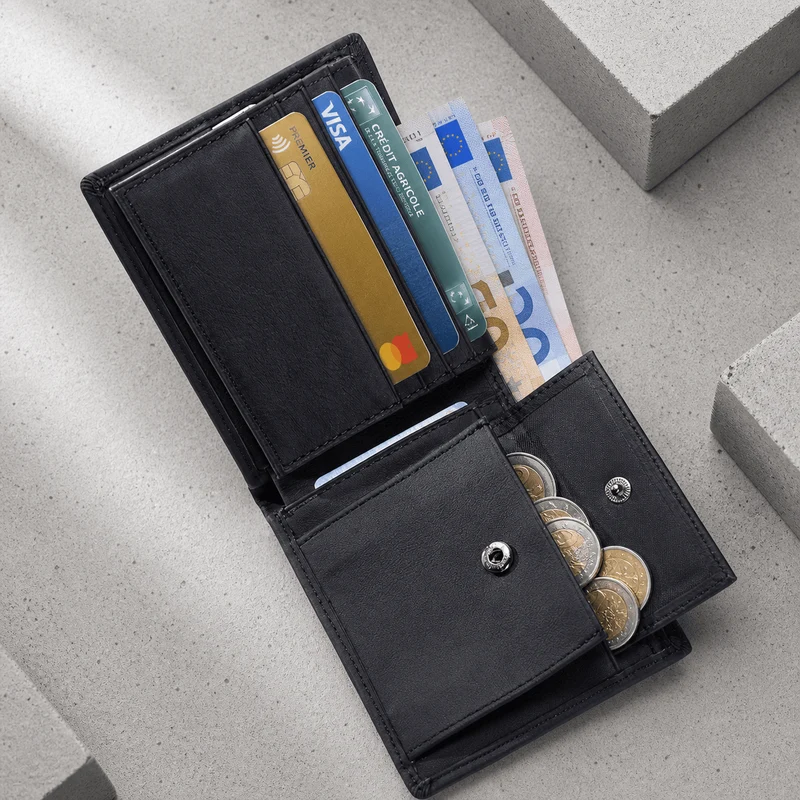 Portefeuille Homme Noir Cuir Véritable Compact Anti RFID