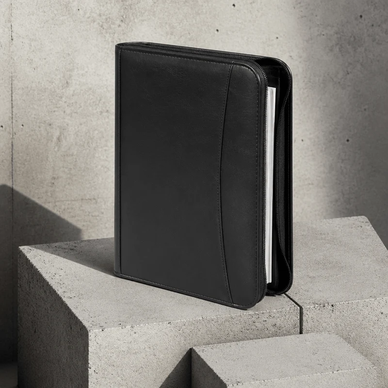 Porte-Document Zippé A4 Noir en Simili Cuir Grainé