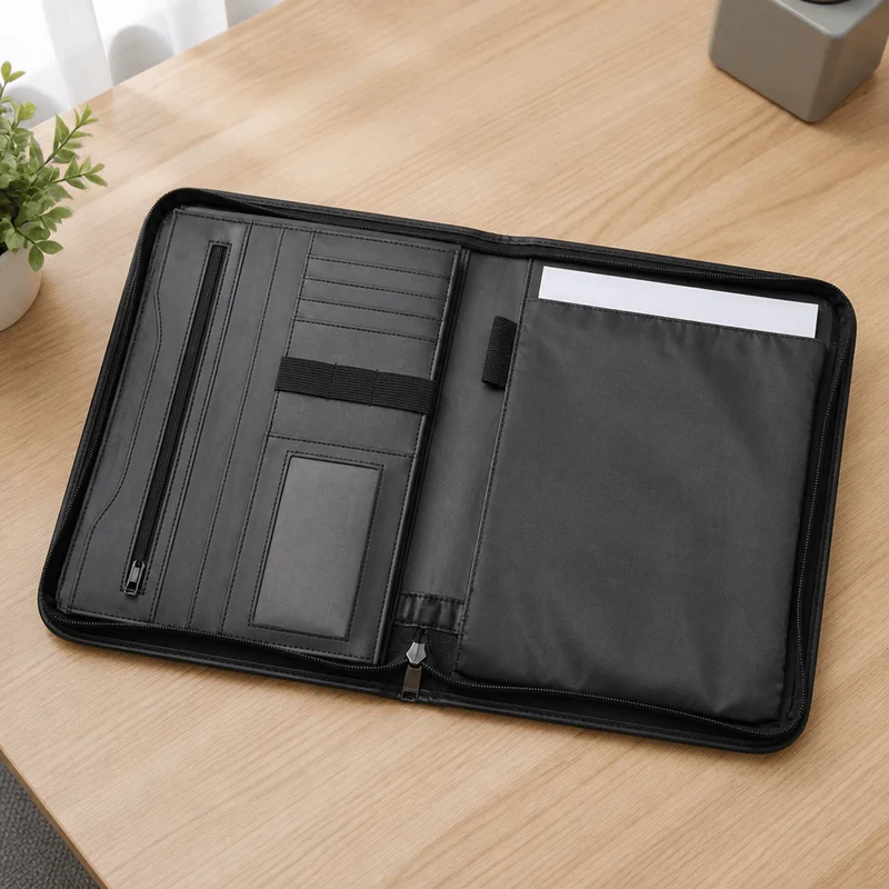 Porte-Document Zippé A4 Noir en Simili Cuir Grainé