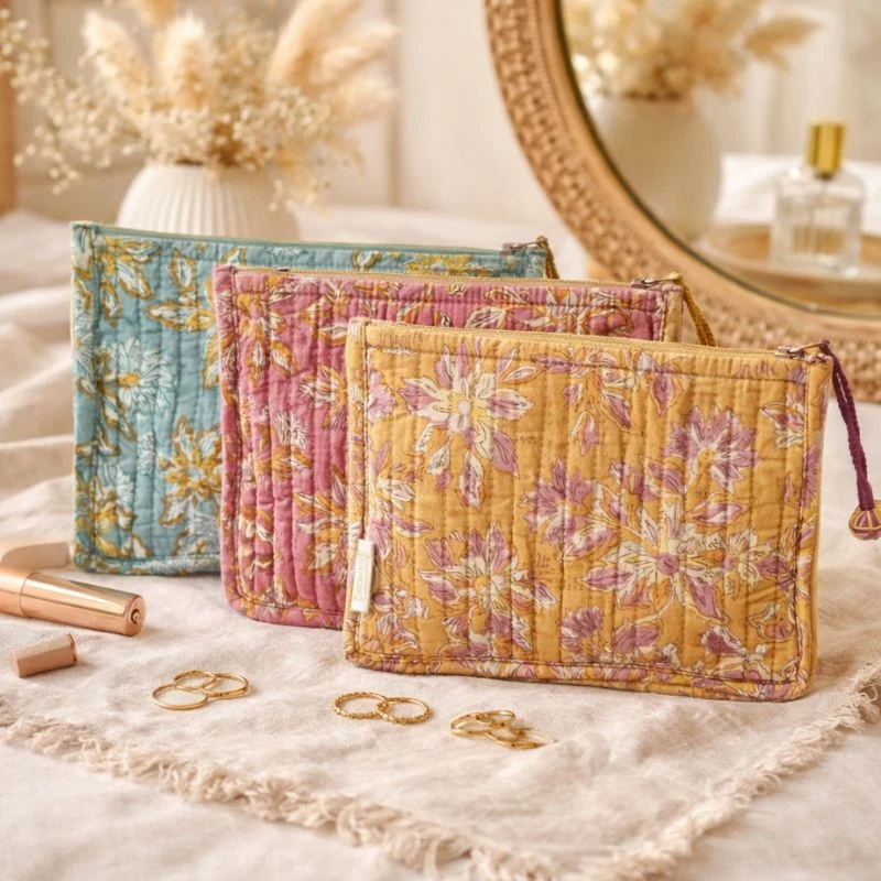 Pochette matelassée en coton imprimé main - Bonheur du Jour Paris