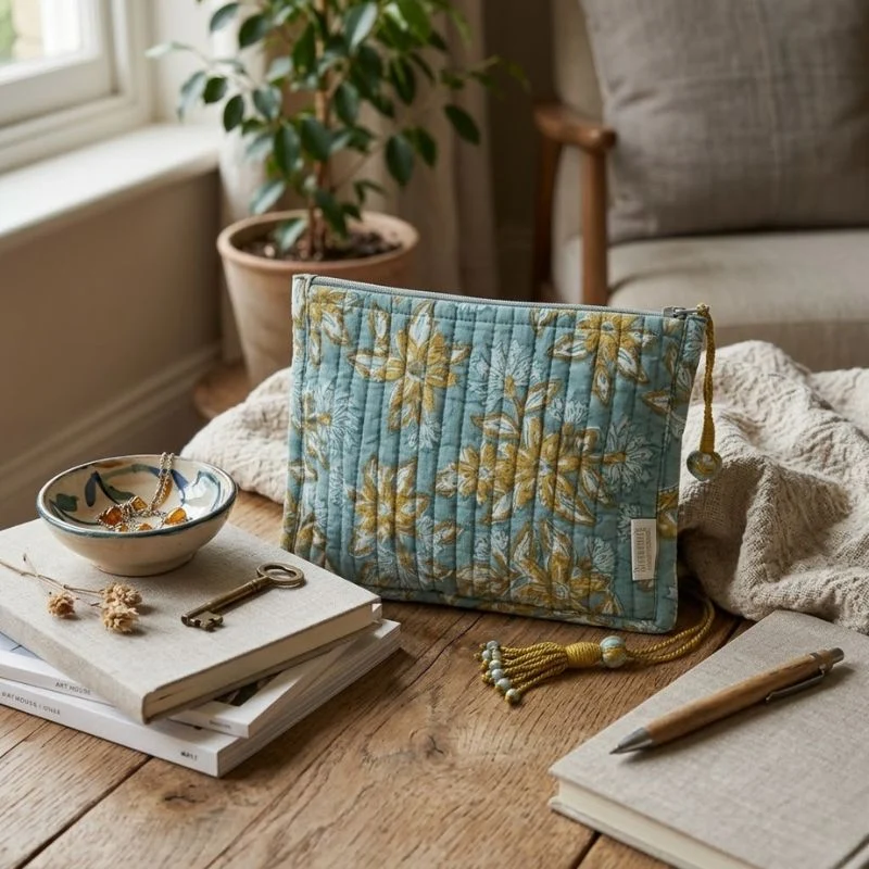 Pochette matelassée en coton imprimé main - Bonheur du Jour Paris
