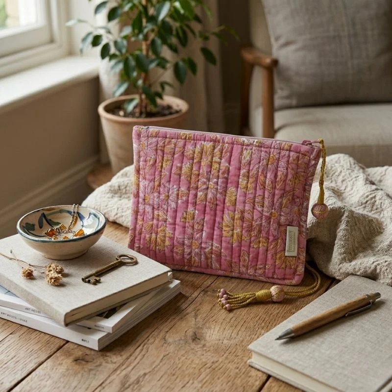 Pochette matelassée en coton imprimé main - Bonheur du Jour Paris