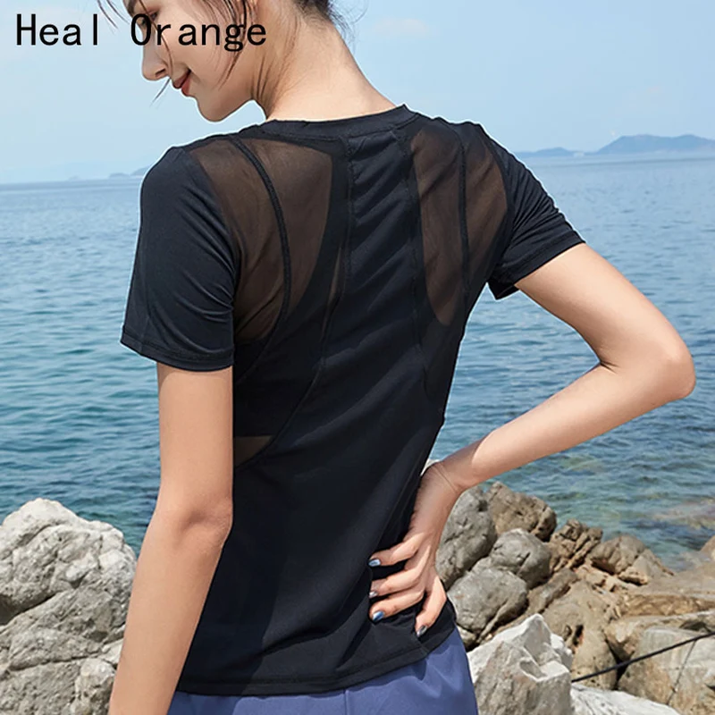 Quick Dry Mesh Splice Female Sport Top Jersey Woman T-shirt Crop Top Yoga Gym Fitness Sport Running Training Clothes for Womem