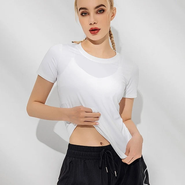 Quick Dry Mesh Splice Female Sport Top Jersey Woman T-shirt Crop Top Yoga Gym Fitness Sport Running Training Clothes for Womem