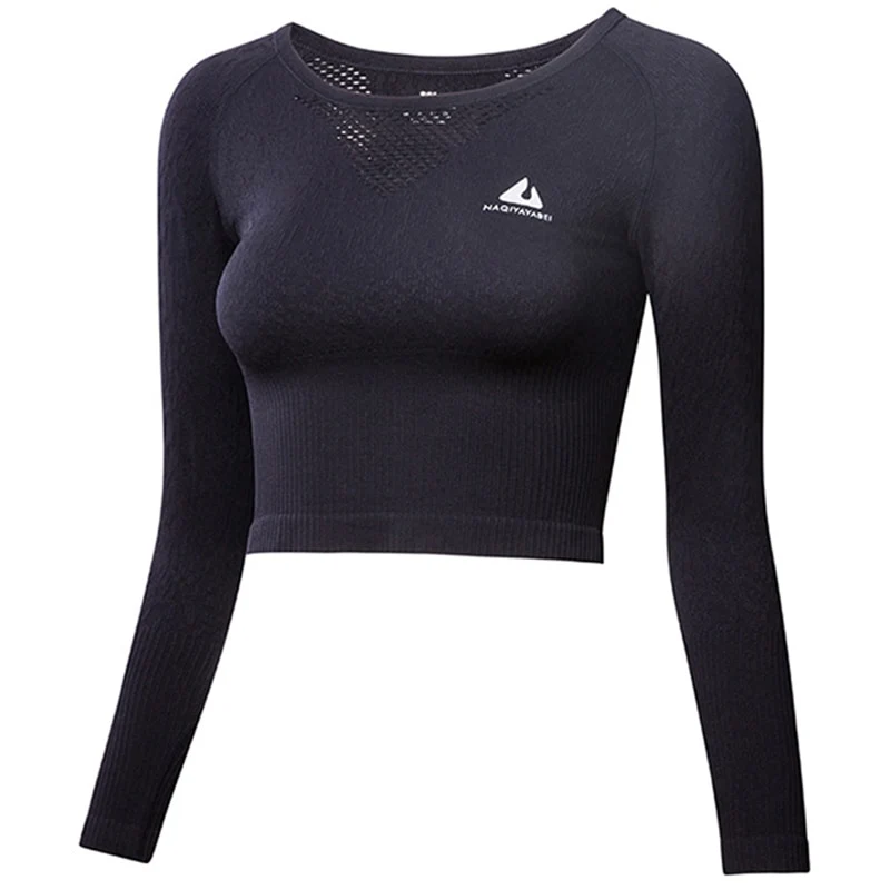 BINAND Crop Top Round Collar Long Sleeve Sports Shirt Women Breathable Athleisure Running Workout Training Gym Yoga Pollover