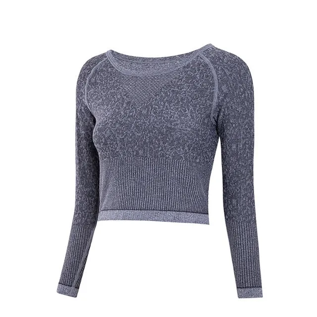BINAND Crop Top Round Collar Long Sleeve Sports Shirt Women Breathable Athleisure Running Workout Training Gym Yoga Pollover