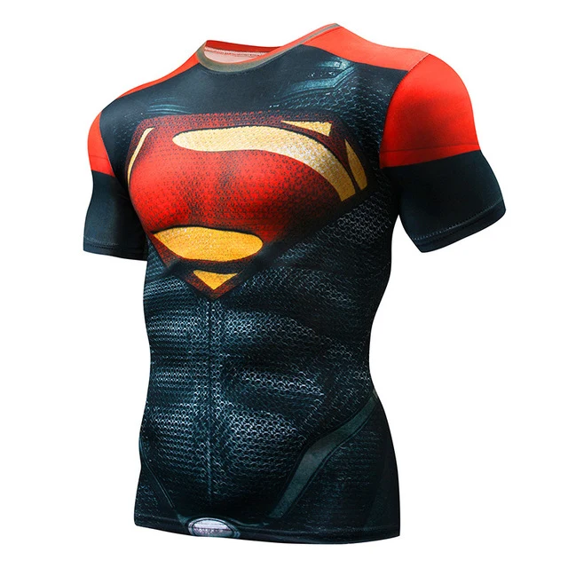 Superman Print Men's Compression Shirt Batman Slim Tights Cycling Base Level Gym Jersey Fitness Sports Underwear Apparel MMA