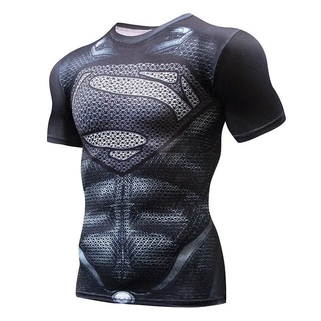 Superman Print Men's Compression Shirt Batman Slim Tights Cycling Base Level Gym Jersey Fitness Sports Underwear Apparel MMA