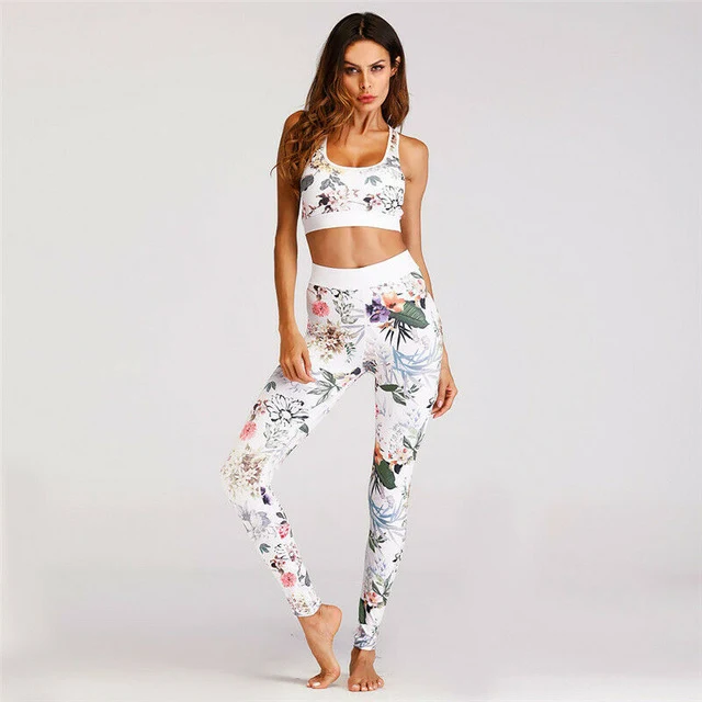 Women's Apparel Sports Gym Yoga Suit Floral Yoga Vest+Yoga Pants Workout Activewear 2 Pieces Top+Leggings OUtfits Set 3Colors