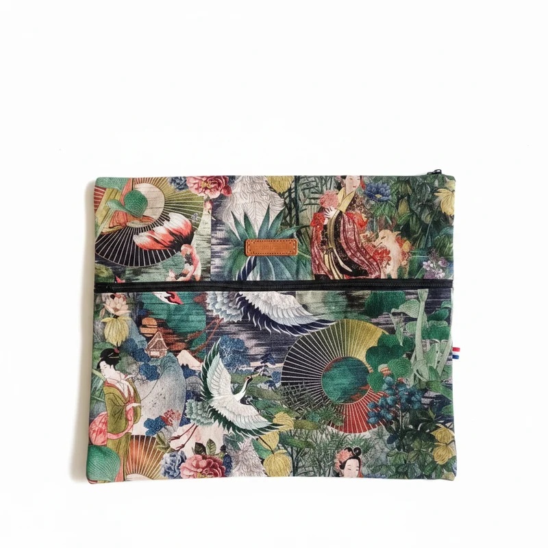 Pochette Ordinateur – Imprimé Japonisant Grues & Éventails