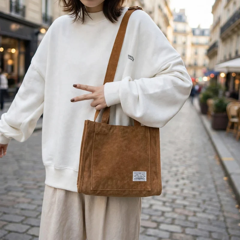 Sac à Bandoulière Femme en Velours Côtelé – Fourre-Tout Décontracté