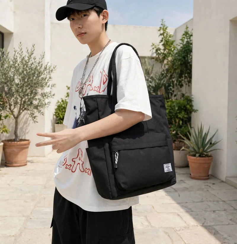 Sac noir de cours Fourre-Tout Grande Capacité en Polyester – Sac à Bandoulière Multi-Usage