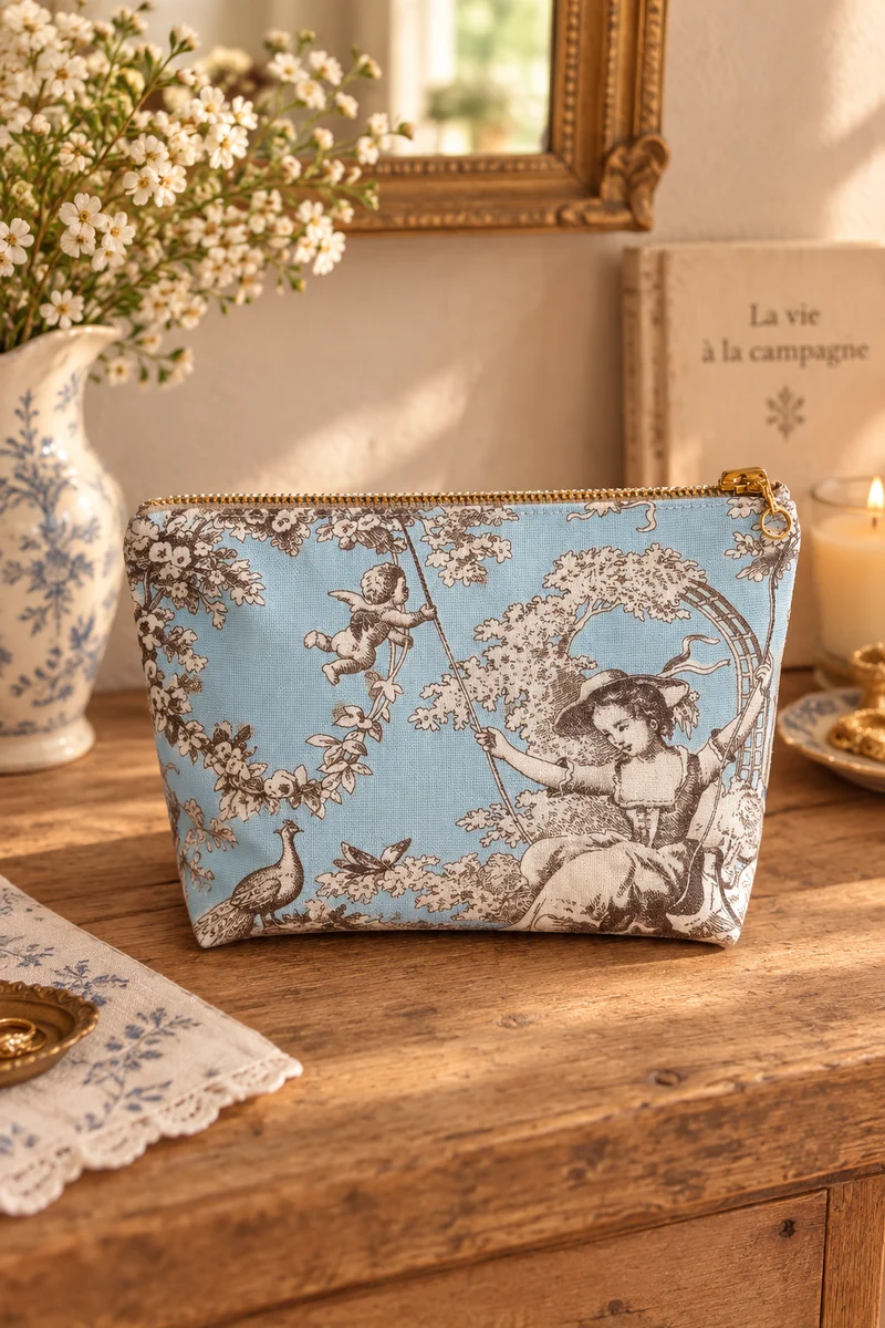 Trousse de toilette en toile de Jouy bleu/gris