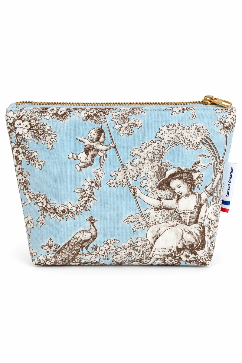 Trousse de toilette en toile de Jouy bleu/gris