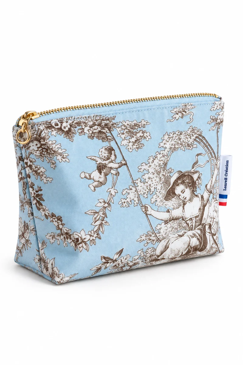 Trousse de toilette en toile de Jouy bleu/gris