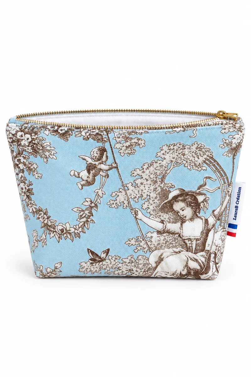 Trousse de toilette en toile de Jouy bleu/gris