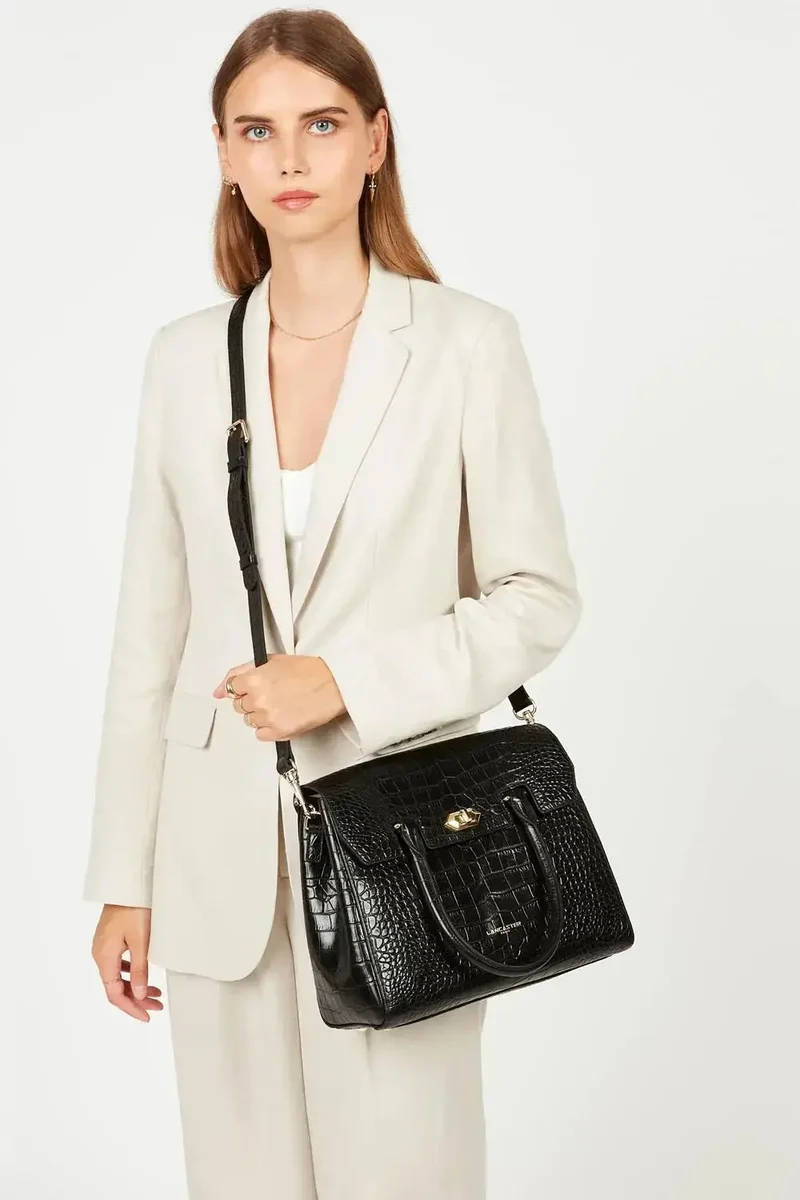 Lancaster Sac à Main A rabat avec fermoir Exotic Croco Noir Croco