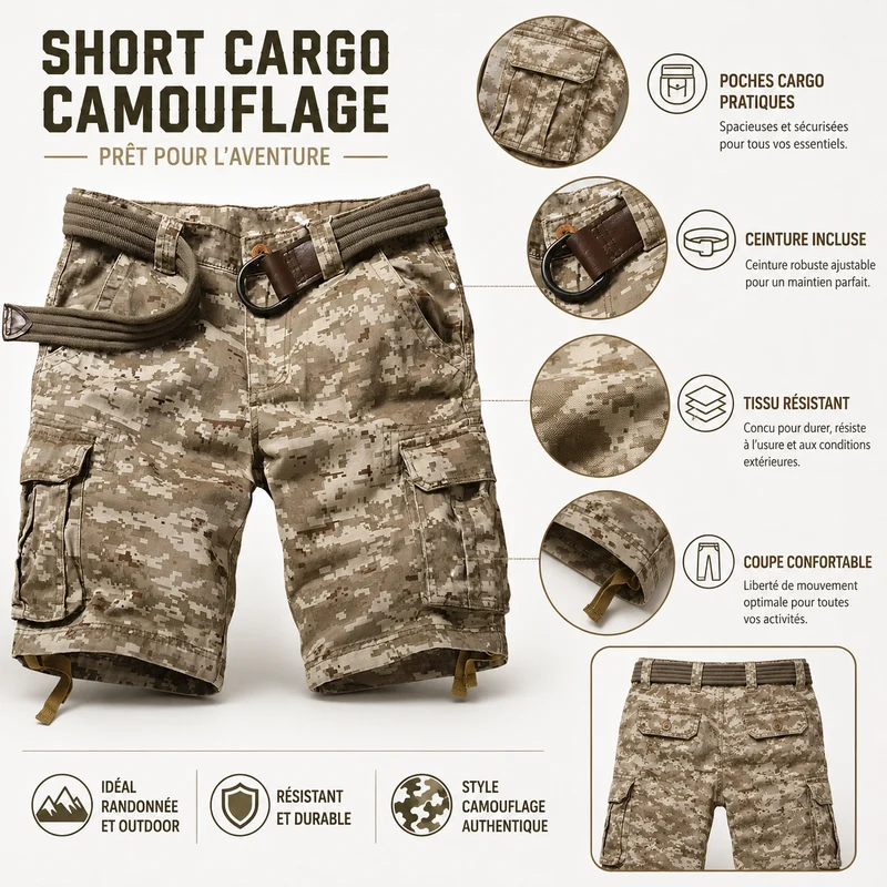 Short de randonnée motif kaki