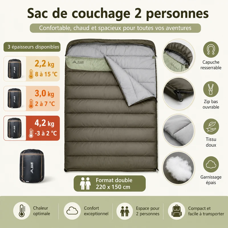 Sac de couchage camping 2 personnes chaud