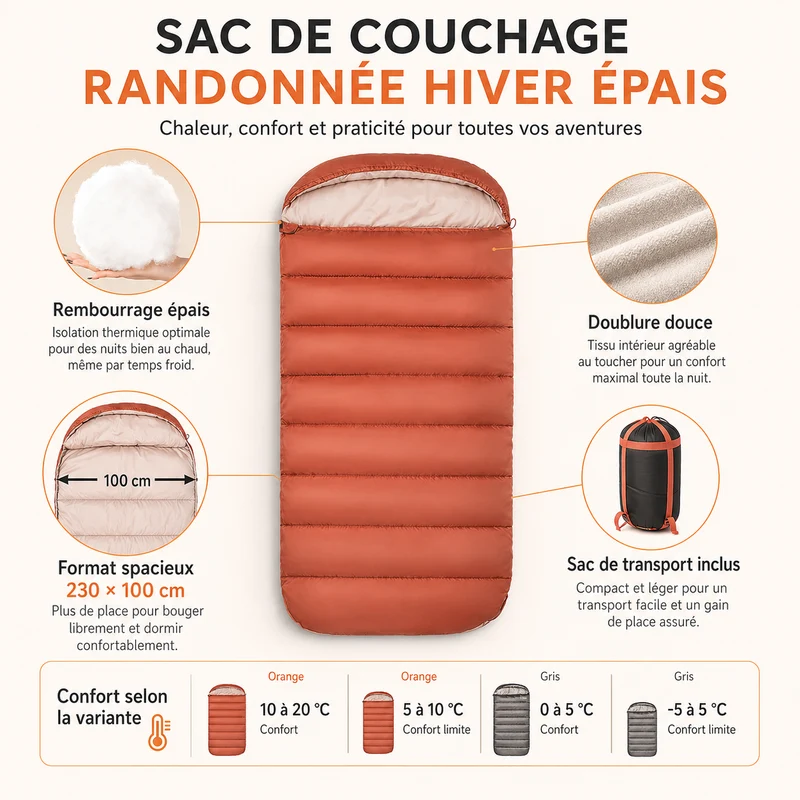 Sac de couchage camping large 3 saisons
