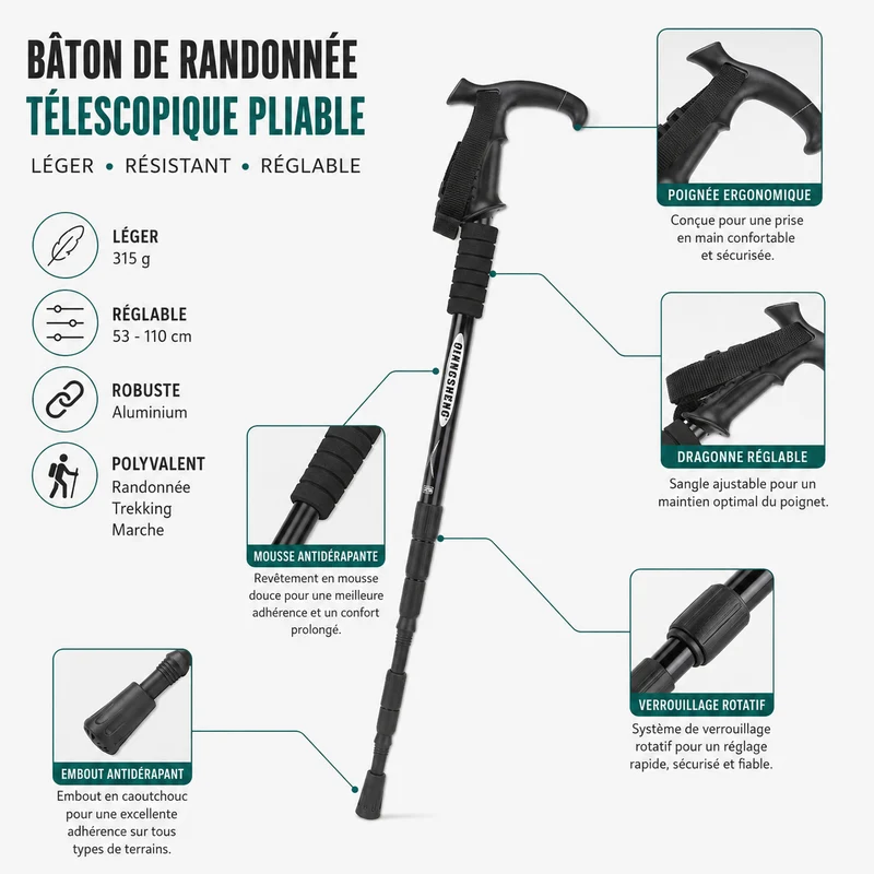 Bâton de randonnée télescopique pliable