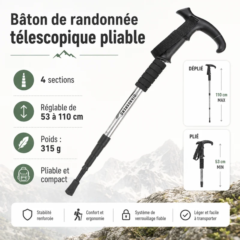 Bâton de randonnée télescopique pliable