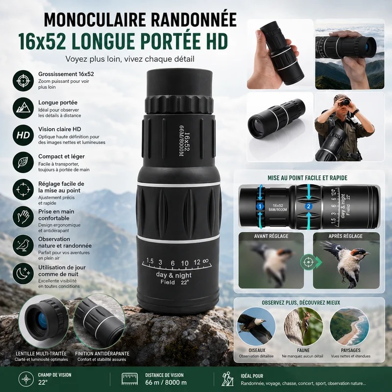 Monoculaire randonnée 16x52 longue portée HD