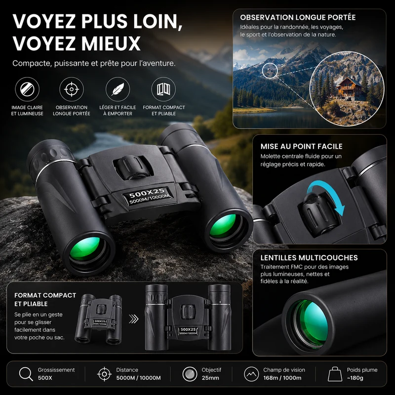 Jumelles randonnée compactes longue portée HD