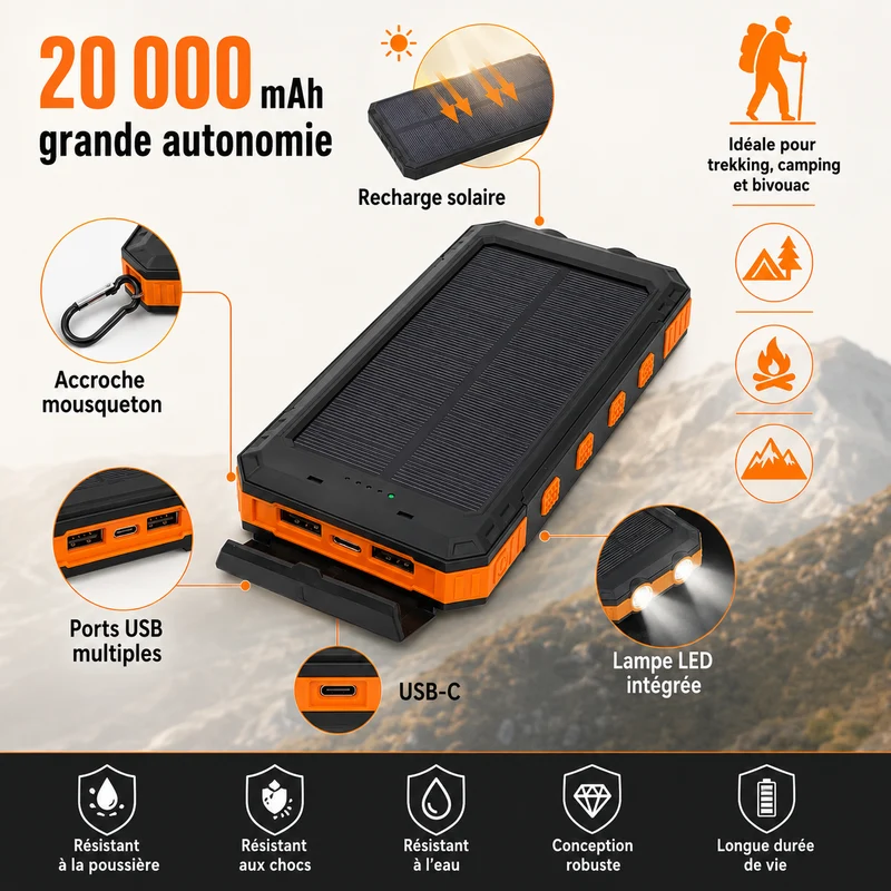 Batterie solaire randonnée 20000mAh grande autonomie
