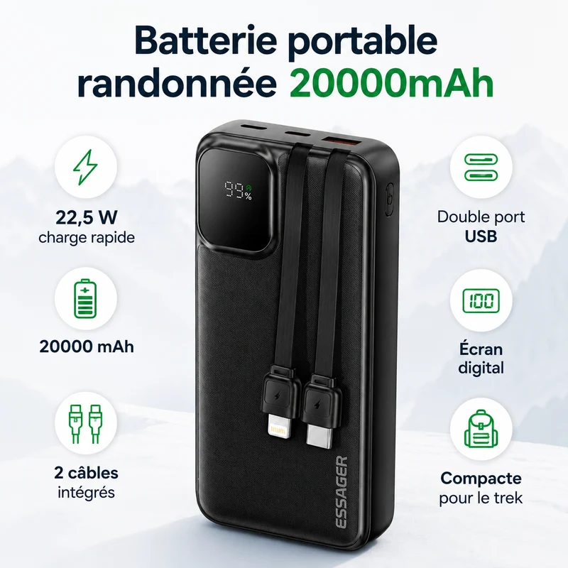 Batterie portable randonnée 20000mAh compacte