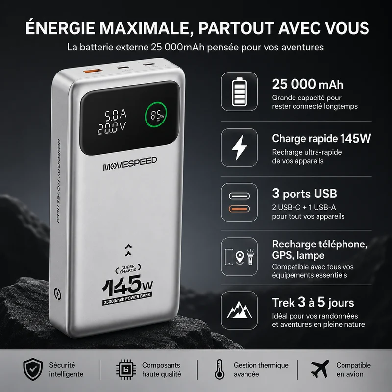 Batterie externe randonnée haute capacité 25000mAh