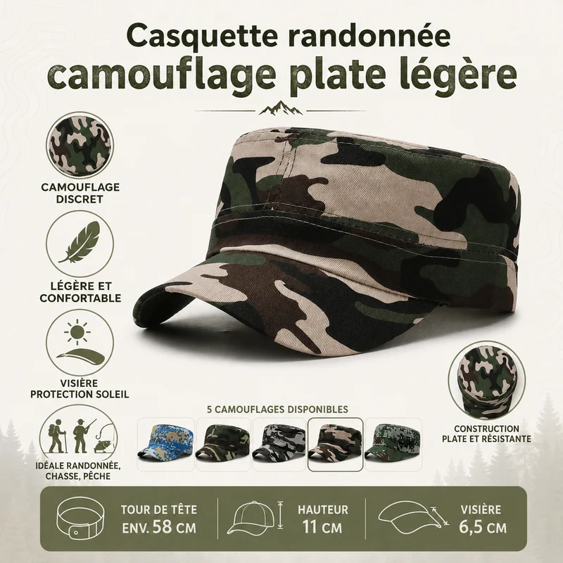 Casquette randonnée motif kaki plate légère